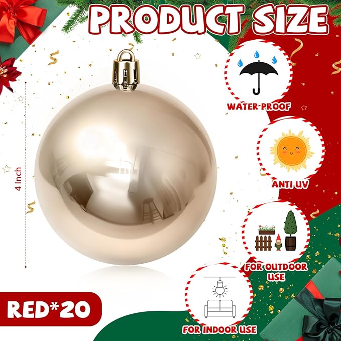 20 Pcs Christmas Ball Ornaments 4 Inch UV Resistant and Waterproof Shatterproof Shiny Plastic Christmas Tree Hanging Ornaments Decoration for Indoor Outdoor Holiday Party(Champagne Gold)