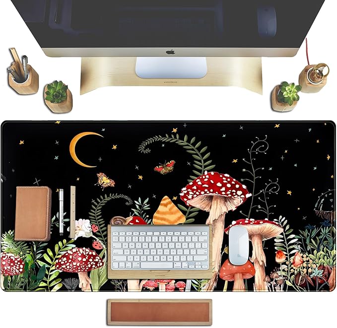 Ferns Leaves Cute Mushrooms Desk Mat Kawaii Green Plants Mouse Pad Xl Mat Large Gaming Desk Pad For Desk Decor Laptop Computer Keyboard Pad Desk Home Office For Women With Stitched Rounds 31.5x15.7 In