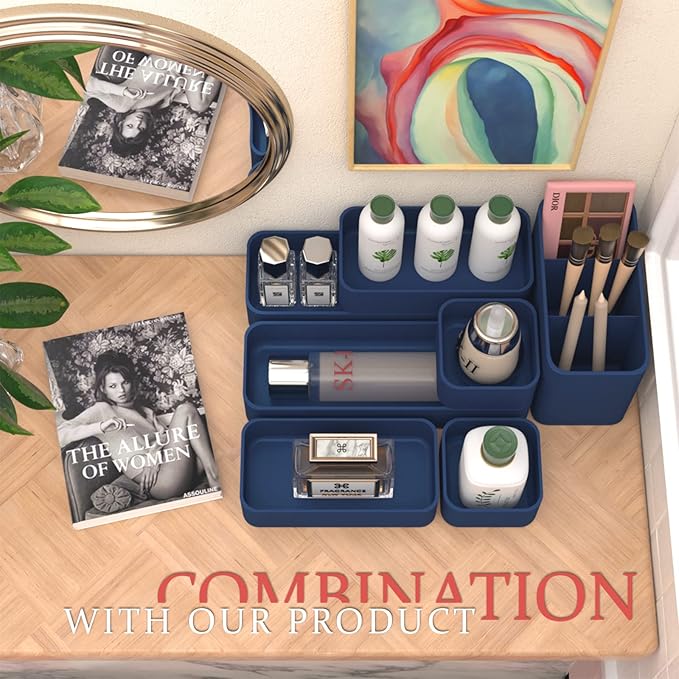 CHANCETSUI 6 PCS Stackable Drawer Organizers Set, Versatile Desk and Vanity Drawer Organizer Trays, Storage Bins for Makeup, Bathroom, Bedroom, Kitchen and Office, Blue