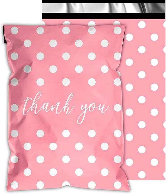 Thank You Poly Mailers 10x13 Inch 25 Pcs - Pink Dots printed Shipping Bags, 2.4mil Thickness, Waterproof and Tear Resistant Mailing Envelopes, Self-Sealing Packaging Bags for Small Business