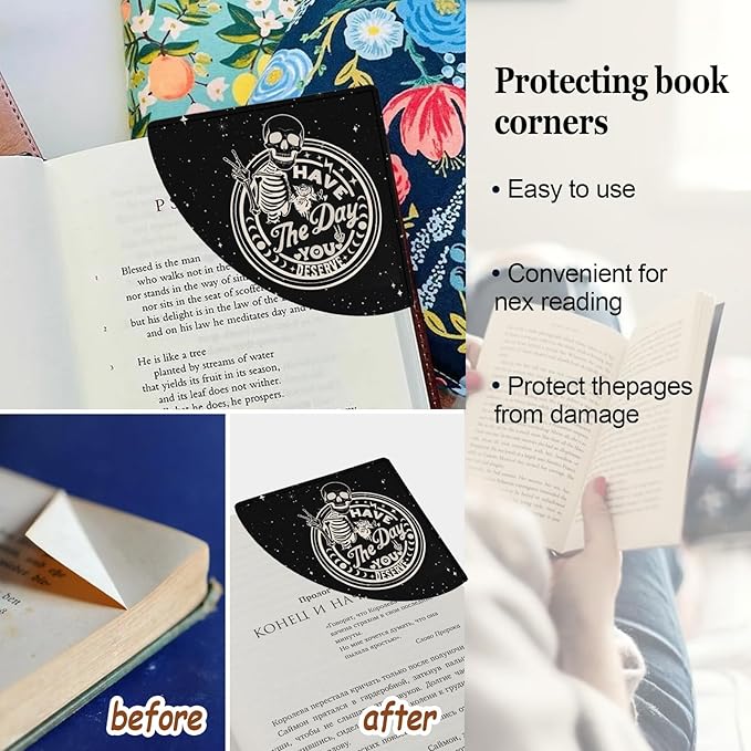 4 Pcs Skull Book Corner Bookmarks, Gothic Skeleton Book Accessories for Book Lovers, Funny Leather Reading Book Page Markers for Women Men Teacher Student Retirement Birthday Gifts