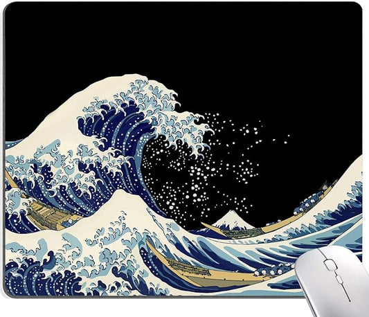 Mouse Pad, Japanese Sea Wave Design Mouse Pad, Washable Square Cloth Mousepad for Gaming Office Laptop, Non-Slip Rubber Computer Mouse Pads for Wireless Mouse, Cool Mouse Pads for Desk
