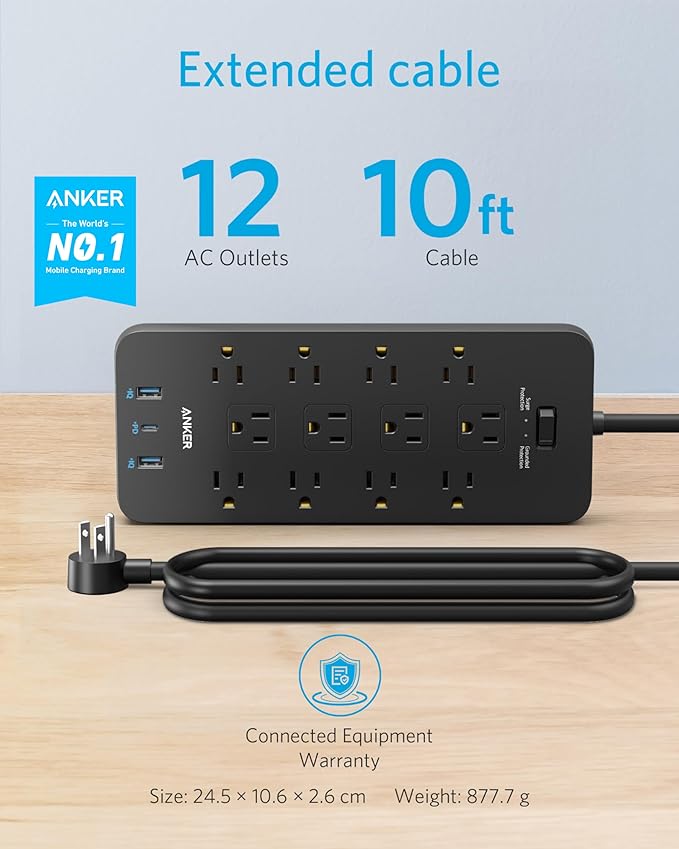 Anker Power Strip with 3 USB Ports, Surge Protector (2100J-10ft), 12 Outlets, 2 USB-A Ports and 1 USB-C Port, Works with iPhone 16/16 Plus/16 Pro/16 Pro Max, for Home, Office, TUV Listed
