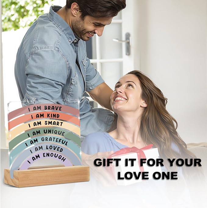 Positive Affirmations I Am Enough Desk Decor Acrylic Sign 4x4 Inch, Inspirational Gifts for Women Men, Cute Rainbow Desk Gadgets Table Top Cubicle Accessories Office Living Room Bedroom Decor