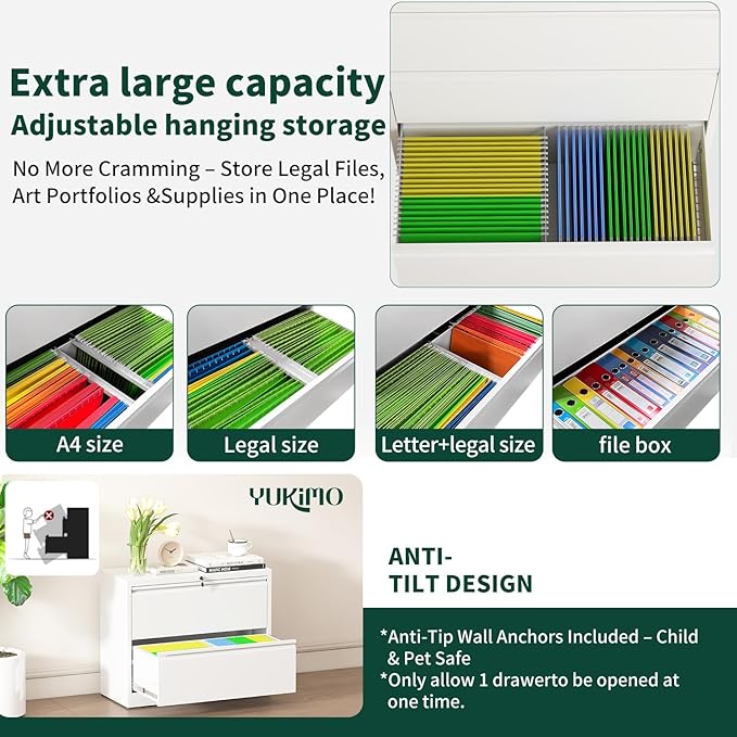 Lateral File Cabinet with Lock, Metal File Cabinets for Home Office Legal/Letter A4 Size, File Cabinet with 2 Drawer Storage Cabinet, Require Assembly, White