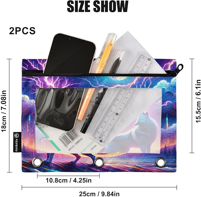 Wolf Howling in Moon Night Pencil Pouch for 3 Ring Binder, 2 Pack Waterproof Pencil Bags Clear Window Zipper School Office Supplies