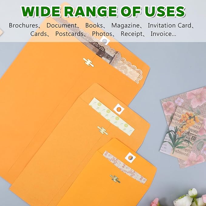 SHENLIU 100Pcs Clasp Envelopes, 3 Sizes Brown Paper Envelopes with Clasp Closure Yellow Manilla Folders for Home, Office, Business, Legal for Filing Storing Mailing Documents (9x12", 6x9", 5x7")