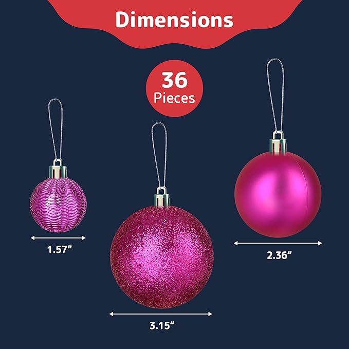 Prextex 36-Pieces Fuchsia Pink Christmas Ornaments Set - Shatterproof, Festive Christmas Balls Decorations in 3 Sizes and 6 Styles with Hanging Loops for Tree, Wreath, and Dazzling Holiday Party Decor