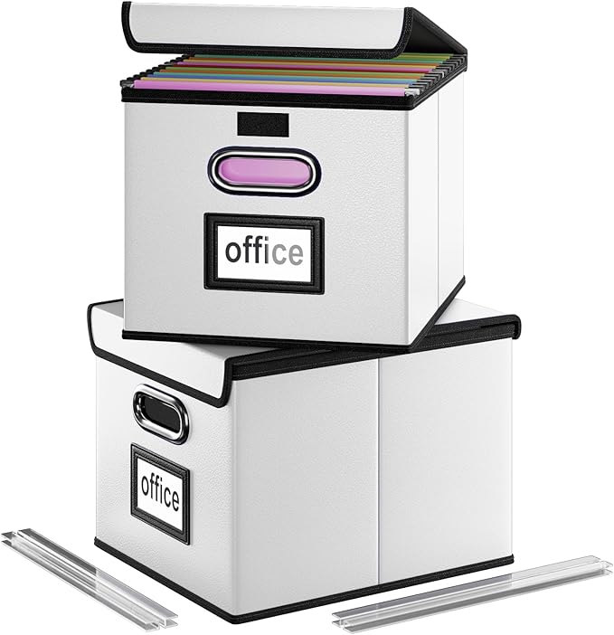 Huolewa Portable Leather File Organizer Boxes with Lids, Collapsible File Folder Organizer Boxes, Decorative Small Filing File Cabinet for Home/Office, Easily Store Documents/Hanging File Folders