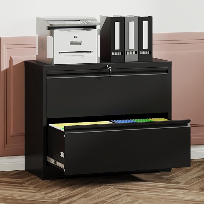 KEIKI 2 Drawer Lateral File Cabinet with Lock, Metal Filing Cabinet, Wide Storage for Letter/Legal/A4/F4, Anti-Tilt Safety, Quiet Full-Extension Slides for Home Office, Black