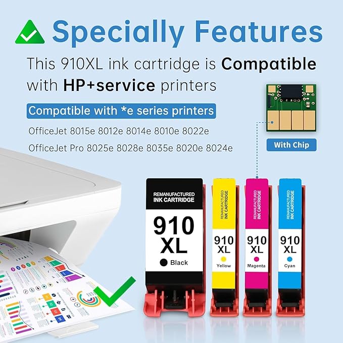 910 XL 910XL Ink Cartridges Combo Pack High Yield Replacement for HP 910XL Ink Cartridges for OfficeJet 8015e 8010 OfficeJet Pro 8025e 8020 8028e, 4-Pack