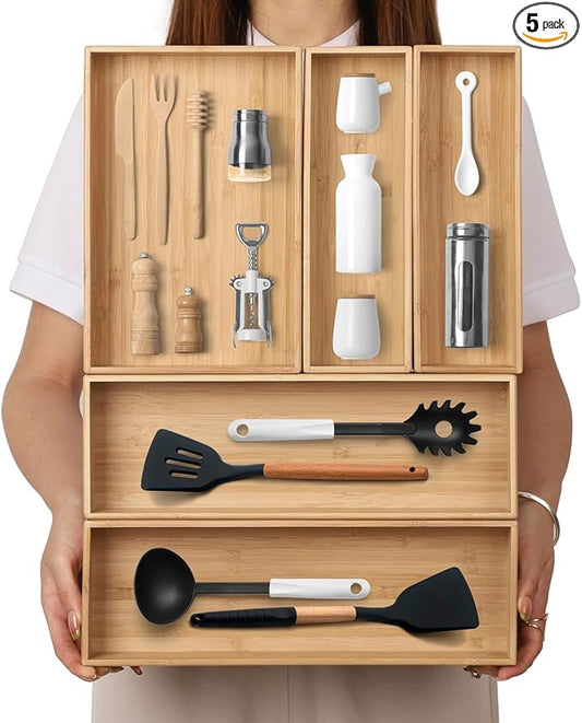 Stack Bamboo Drawer Organizer Set of 5, Kitchen Utensil, Flatware&Silverware Organizer-Wood Laminated Stackable for Kitchen, Bedroom, 13.4''x4.5''*2+10.2''x3.3''*2+10.2''x6.7''*1