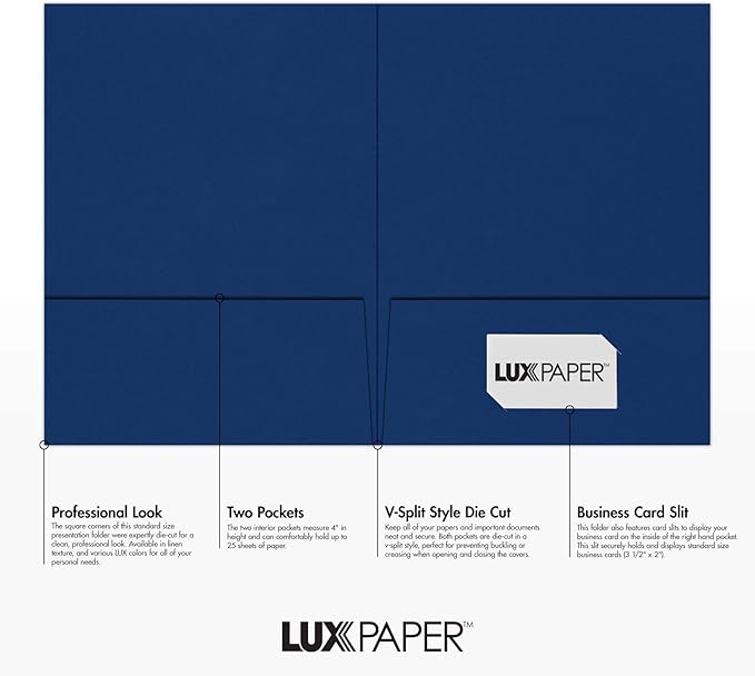 LUXPaper 9" x 12" Presentation Folders | Two Pocket | Navy Blue | 100lb. Cover | 10 Qty