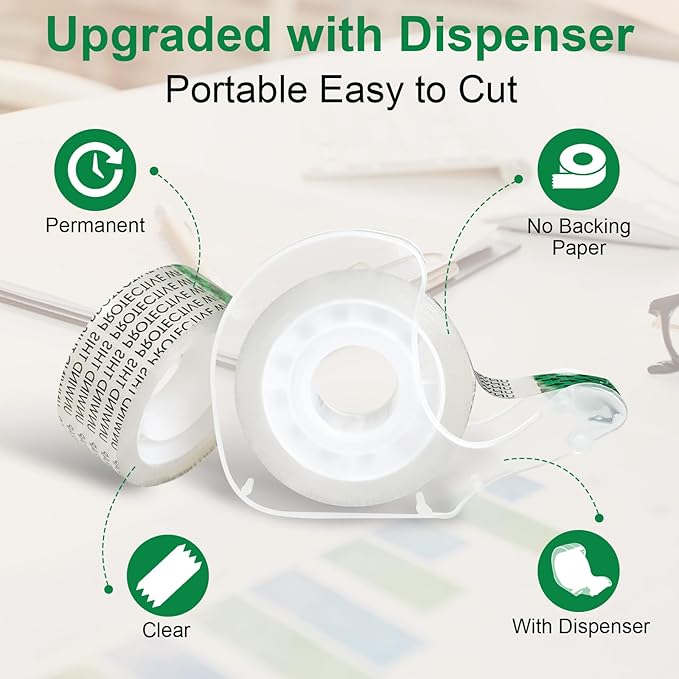 Double Sided Tape for Gift Wrapping with Dispenser, 3/4 in x 300 in, Double Stick Tape 12 Pack, Christmas Wrapping Paper Tape, Linerless, Office and School Supplies