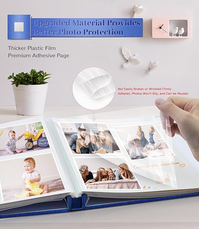 Photo Album Self Adhesive Scrapbook Album for 3x5 4x6 5x7 8x10 Pictures, 60 Pages Linen Cover with Display Window DIY Photo Book,Ideal Gifts for Family Travel Wedding Baby