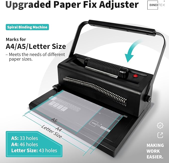 Binditek Spiral Binding Machine, Manual Punch & Electric Coil Inserter, 46 Disengageable Dies, Adjustable Side Margin, with 100 Pack 8Mil PVC Covers, 100 Pack 5/16'' Coils and Plier
