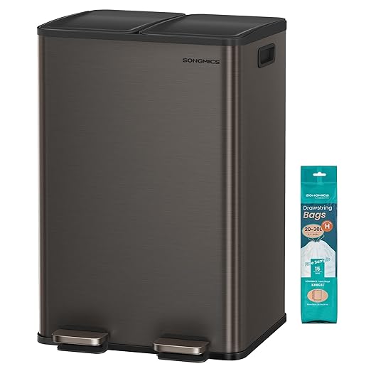 SONGMICS Trash Can, 2 x 8 Gallon (2 x 30 L) Dual-Compartment Garbage Can with Soft-Close Lid, Pedal and Inner Buckets, Stainless Steel, Includes 15 Liner Bags, Slate Gray ULTB741G01