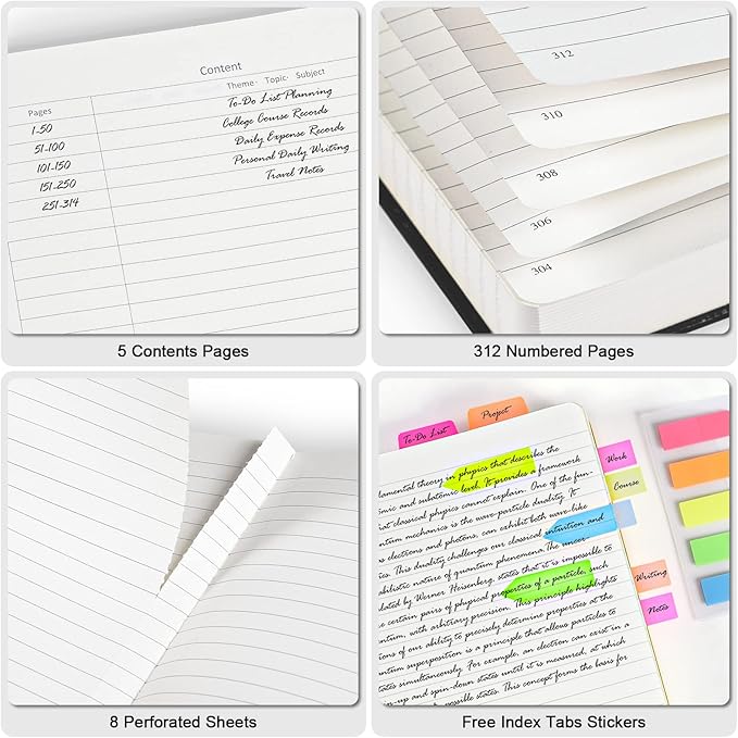 5 Pack College Ruled Notebook, 312 Numbered Pages Thick Notebooks Bulk, 100gsm No Bleed Paper Hardcover Leather Journal, Lined Journal Notebook Set for Women Men School Office, A5, Black