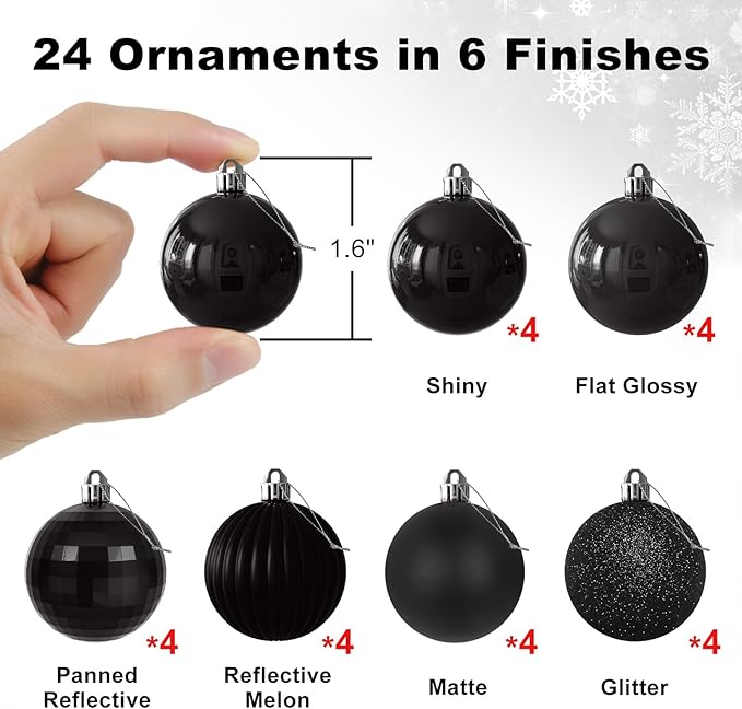 Black 1.6" Small Christmas Balls Christmas Tree Decoration Ornaments Shatterproof Hanging Balls for Birthday Halloween Holiday Wedding Decorations Set of 24pcs