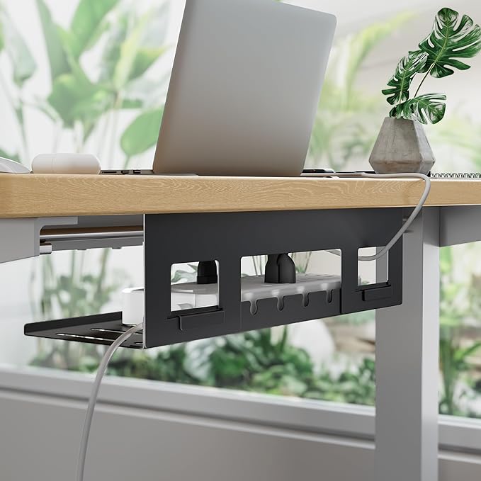 Under Desk Cable Management Tray, 15.7 Inches Metal Cord Organizer Rack, Desk Tray for Power Strip, Cord, Wire, Easy Mounting Cable Management Under Table for Home Office, Black