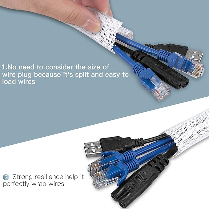 AGPTEK Cable Sleeve Cover, 25ft - 4/5 inch Desk Cord Organizer Cable Hider, Home Office Wire Management Computer TV Wire Loom Tubing, Pet Proof Cord Protector, from Cat Dog Chewing, White