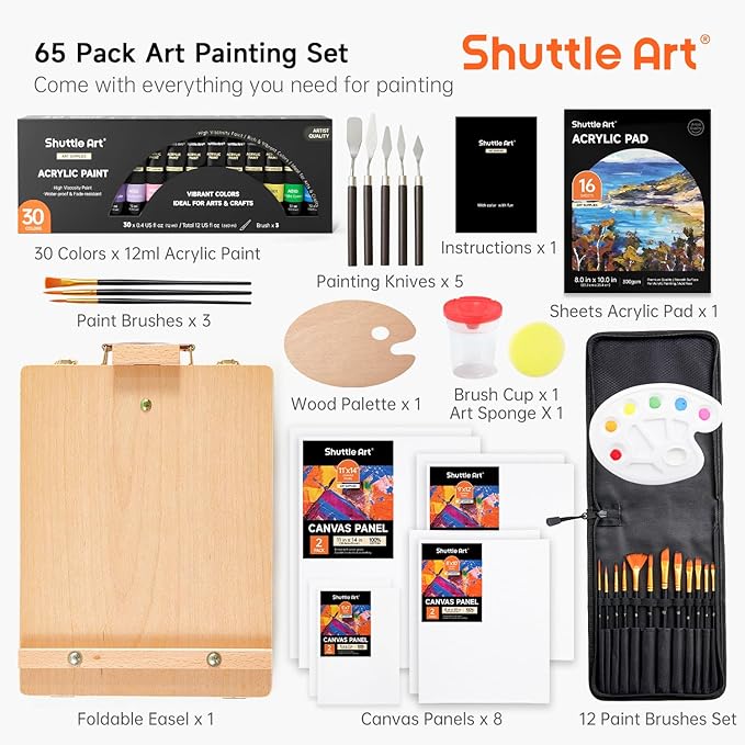 65 Pack Acrylic Paint Set, Shuttle Art Acrylic Painting Set with Wooden Easel, 30 Colors Acrylic Paint, Painting Canvas, Paint Brushes, Palettes, Art Painting Supplies for Kids Adults Beginner Artists