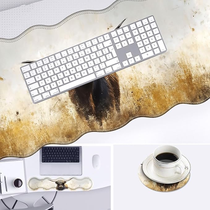 Large Mouse Pad and Keyboard Wrist Rest, Desk Pad for Keyboard and Mouse, 4-in-1 Large Gaming Mouse Pad with Wrist Support, Desk Mat for Home Office Study Game-Vintage Highland Cow