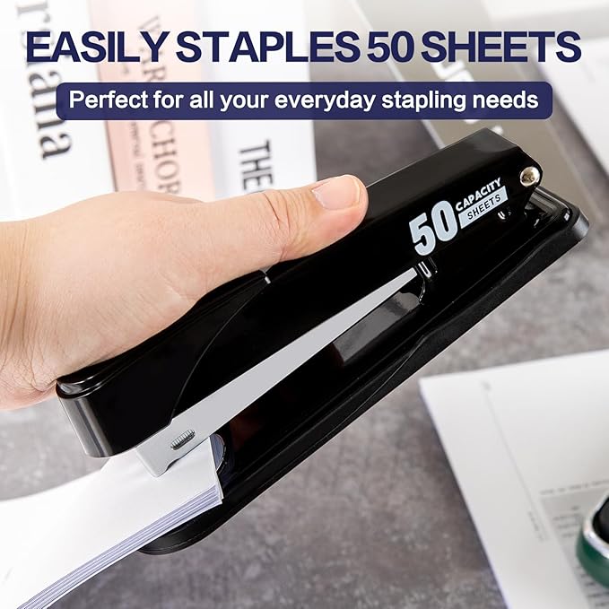 Deli Stapler Heavy Duty, Full Strip Staplers for Desk with 2000 Staples and Staple Remover, 50 Sheet Capacity, No Jam, Non-Slip Office Stapler with Staples for Office, Classroom, Black