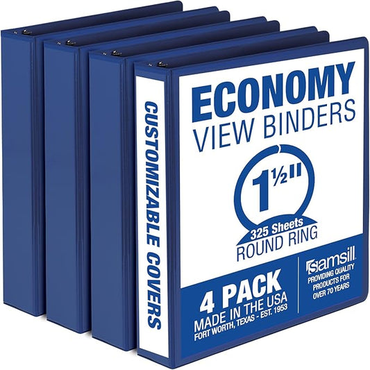 Samsill 1.5 Inch 3 Ring Binders, Made in USA, Economy Round Ring, Clear View Cover, 325 Sheet Capacity - for School, Home, Office - Blue, 4 Pack