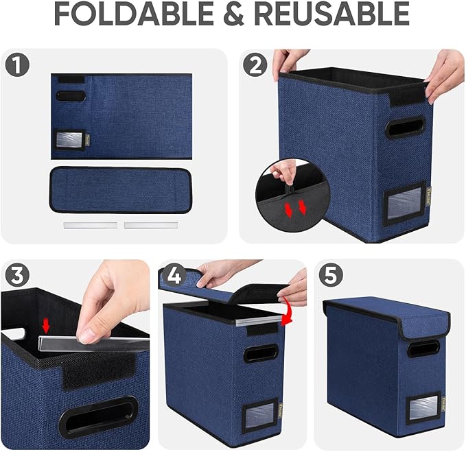 BALEINE File Organizer Box with Lid, Collapsible File Folder Organizer with Plastic Slide, Hanging File Folder Box for Office Document Storage (2 Pack, Blue, S)