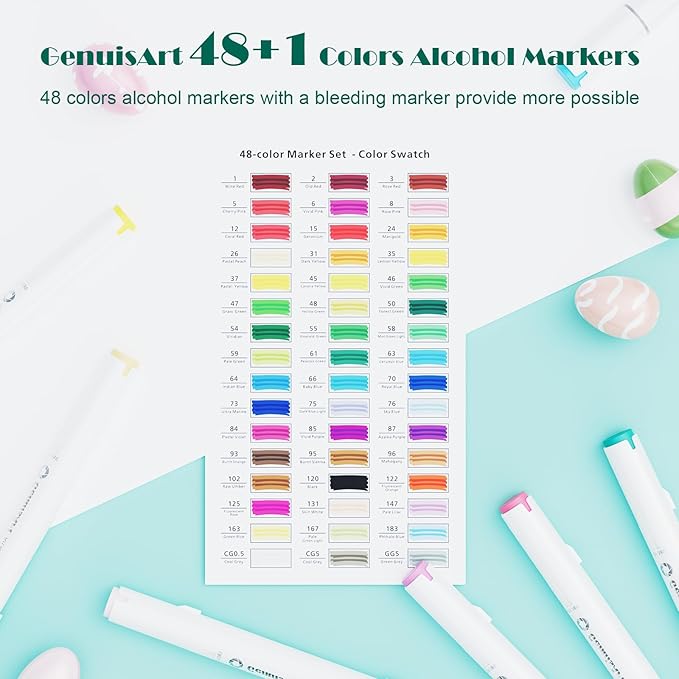 49 Alcohol Markers, With Bleeding-Proof Drawing Mat, Dual Tips Brush & Chisel Art Markers for Coloring, Sketching, Card Making and DIY Patinting- Perfect for Adults and Kids -Refillable