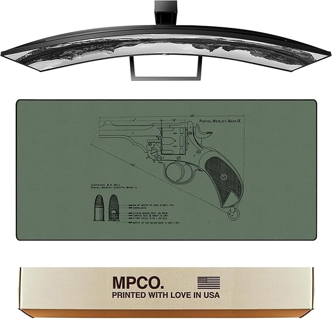 MPCO. Blueprints Large Gaming Desk Pad - 36" x 17" Aeroglyde Fabric Pistol Webly Mark IV – Green Desk Mats - Non-Slip, Washable, Smooth Glide for Precision Gaming & Work