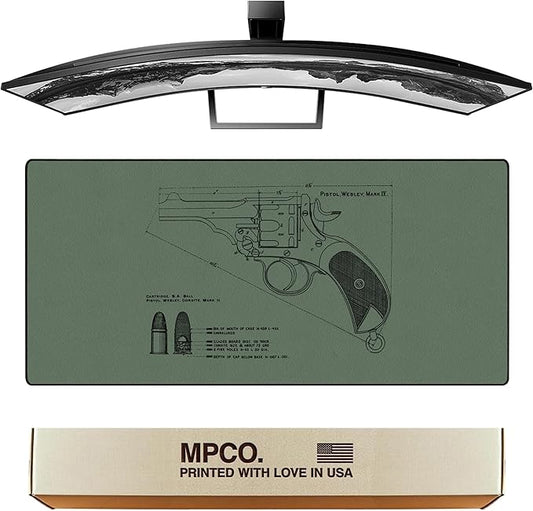 MPCO. Blueprints Large Gaming Desk Pad - 36" x 17" Duraglyde Fabric Pistol Webly Mark IV – Green Desk Mats - Non-Slip, Washable, Smooth Glide for Precision Gaming & Work
