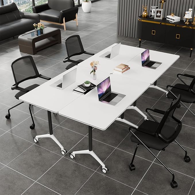 Folding Conference Table, Modern Conference Room Tables with Flip-Top Design, Foldable Conference Table Meeting Table with Wheels, Mobile Seminar Training Tables for Office Classroom (8, White 2)