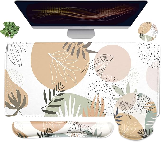 4-in-1 Gaming Mouse Pad Wrist Support Set，Desk Pad + Mouse Pad with Wrist Rest + Keyboard Wrist Rest + Coaster, Ergonomic Design for Home Office Study Game - Plant