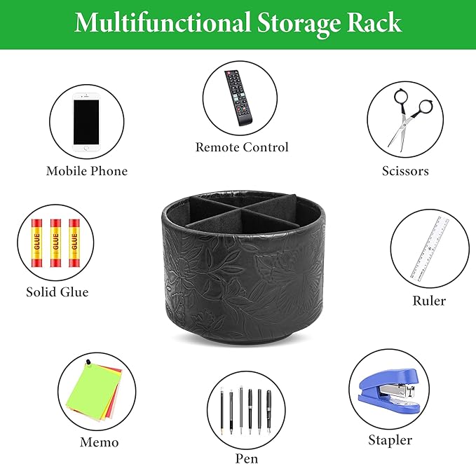 Hennaja Round Leather Art Supply Organizer,Remote Control Holder,360 Degree Spinning,Multi-Functional Pencil Holder,4 Compartments Desktop Stationary Organizer(1-Carved Black)