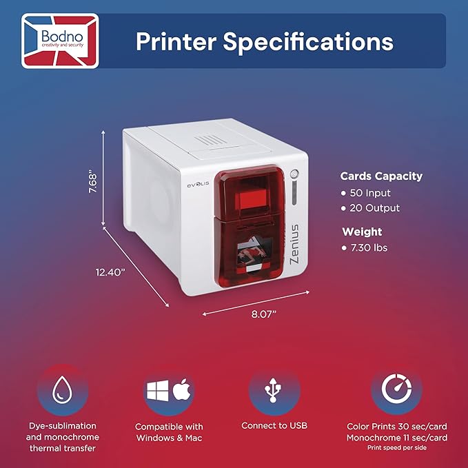 Evolis Zenius Single Sided ID Card Printer & Complete Supplies Package with Bodno Bronze Edition ID Software