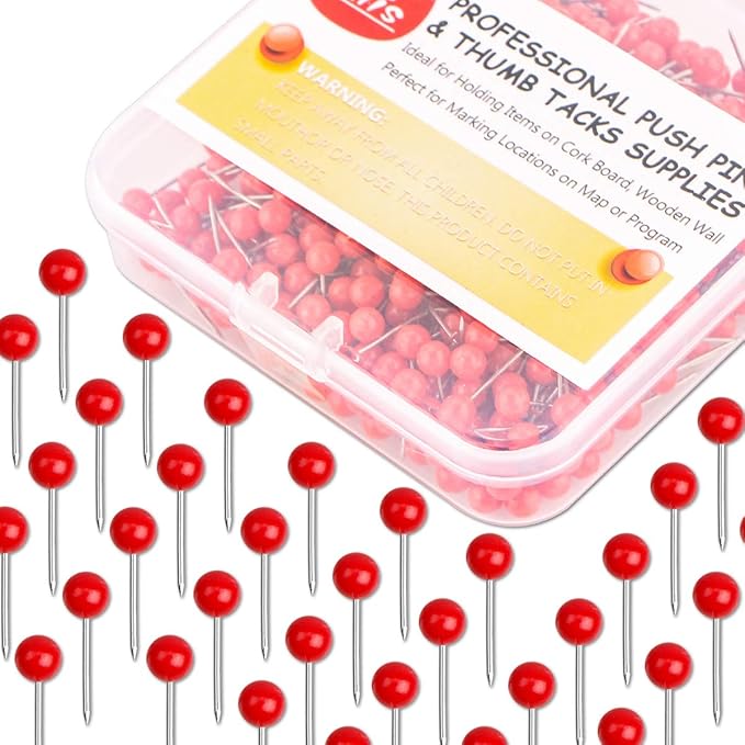 Yalis Push Pins Map Tacks 1/8-Inch Assorted Color Beads Head Map Marking Push Pins,500-count (Red)
