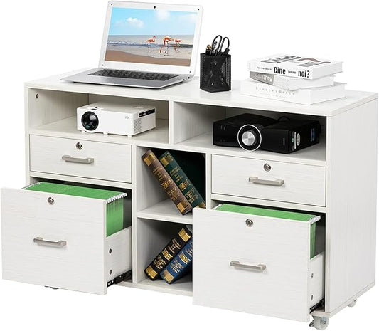 VINGLI Wood Mobile File Cabinet with 4 Drawers and Shelves, Printer Stand with Open Storage, Lockable Lateral Filing Cabinet for Home Office, Assembly Required, Light Beige Close to White