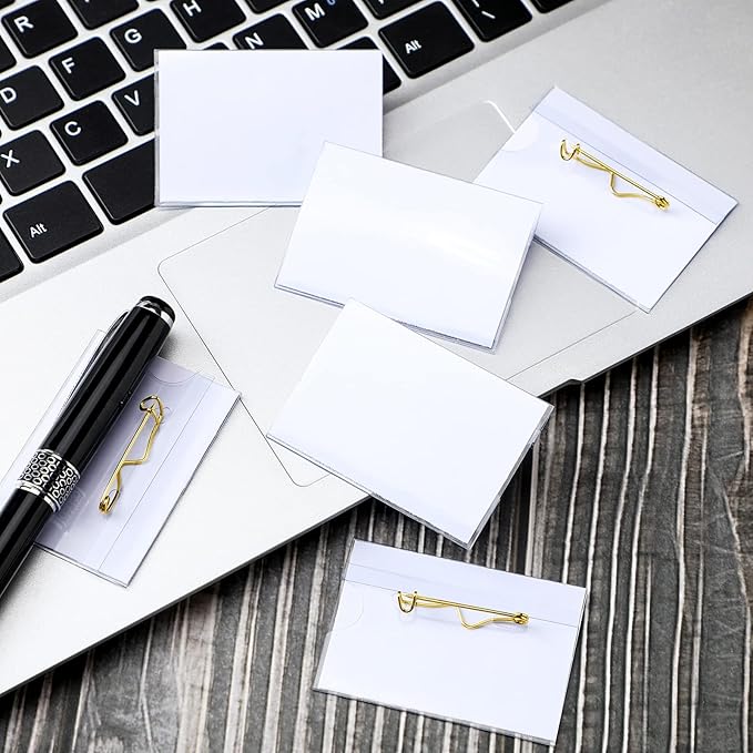 Eaasty 200 Pcs Name Tags with Pins ID Clear Plastic Badge Holder Pin Style Name Badge Holders with Inserts ID Card Plastic Badge Sleeve, 2.44 x 3.58 Inch(Gold Clip)