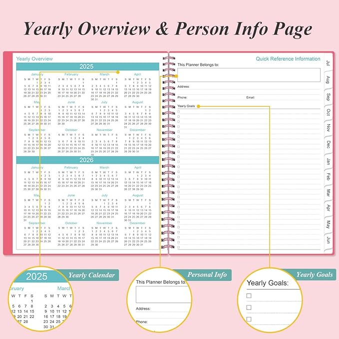 Planner 2025-2026 - Academic Planner 2025-2026 from July 2025 to June 2026 with 12 Monthly Tabs, Flexible Cover, Inner Pocket, 8.5" x 11", Pink