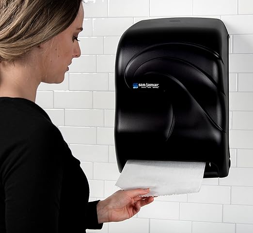 San Jamar Tear-N-Dry Oceans Paper Towel Dispenser 1.5 Inch Core Rolls with Touchless Dispensing for Bathroom, Kitchens, Restaurants, and Cafeterias, Plastic, Black Pearl