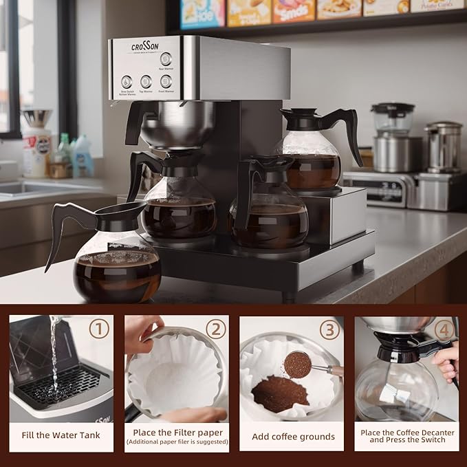 crosson 12 Cup Commercial Coffee Brewer with 4 Warmers & 4 Glass Decanter,Pour Over Drip Coffee Maker with Stainless Steel Housing and 304 SS Funnel