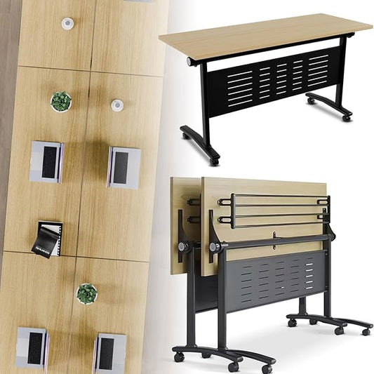 Folding Conference Room Table, Modern Conference Tables with Wheels, Large Rectangular Mobile Training Tables for Office Classroom, Foldable Modular Boardroom Seminar Table Maple (2pack L63in)