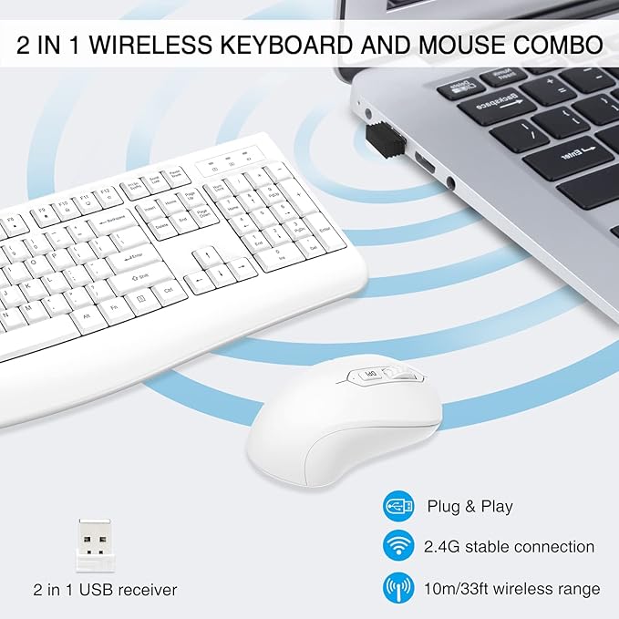 Wireless Keyboard and Mouse Combo, Full-Sized 2.4GHz Wireless Keyboard with Comfortable Palm Rest and Optical Mouse for Windows, Mac OS PC/Desktops/Computer/Laptops (White)