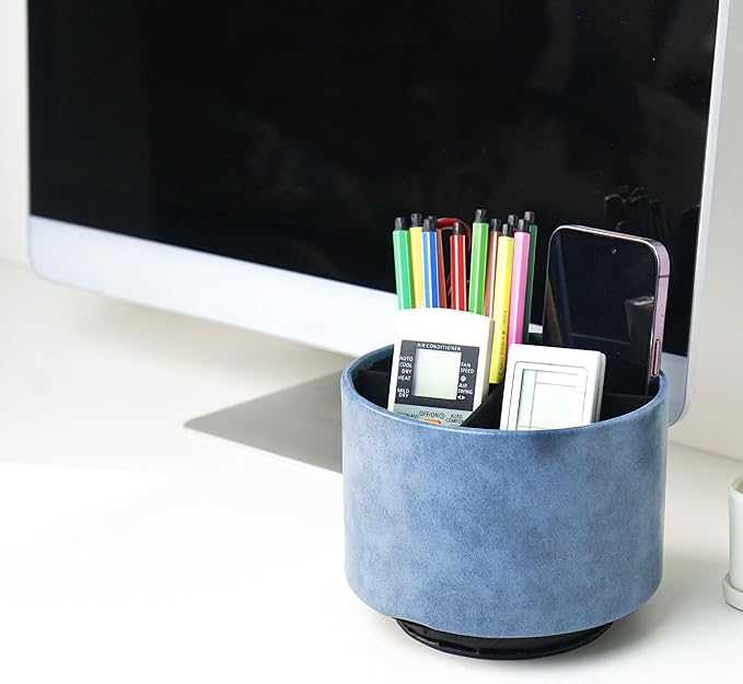 Hennaja Round Leather Art Supply Organizer,Remote Control Holder,360 Degree Spinning,Multi-Functional Pencil Holder,4 Compartments Desktop Stationary Organizer(1-Oil Blue)