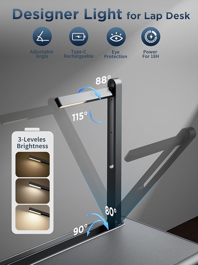 SAIJI Lap Desk with LED Light, Portable Laptop Tray with Cushion - Fits Up to 17" Laptops & MacBook, Lap Table Stand for Bed and Couch, Lap Desk for Writing and Reading