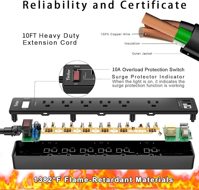 Surge Protector Power Strip (1680J) - Yintar 10Ft Extension Cord with 6 AC Outlets and 3 USB Ports(1USB C) for Home, Office, Dorm Essentials, ETL Listed, Black