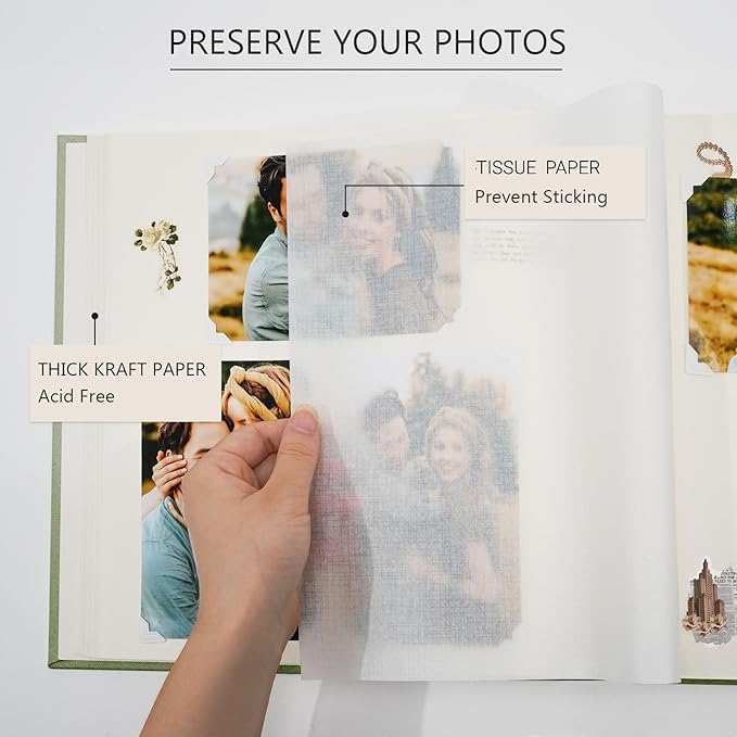 Vienrose Premium Scrapbook Photo Album with Writing Space 12"x12", DIY Scrapbook Album with 60 Pages, Large Photo Book for Baby Family Travel Vacation, Grass Green