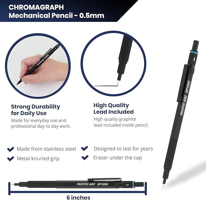 Pacific Arc Chromagraph Metal Mechanical Pencil .5 mm Black Barrel Mechanical Pencil with Built In Lead Pencil Grade Indicator, Lead Pencil Holder for Drafting, Sketching, and Drawing